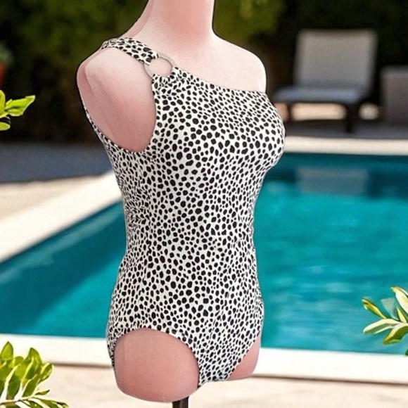 NWT Michael Kors Chain Ring One Shoulder One Piece Swimsuit Animal Print Dot 10 - Picture 9 of 9